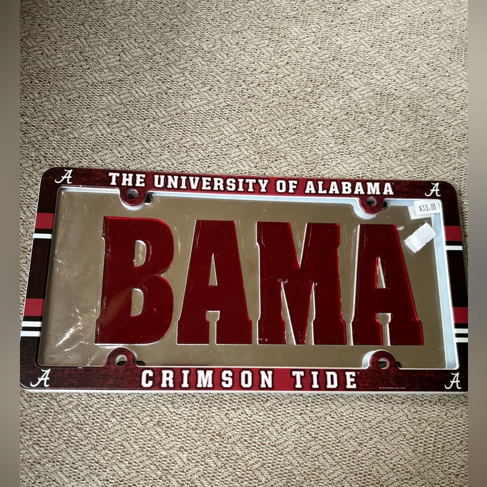 NWT University of Alabama BAMA Mirrored License Plate & Frame Roll Tide Crimson